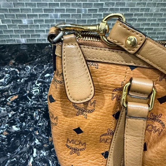 MCM Cognac Visetos Monogram Shoulder Bag with Gold Plaque - Picture 7 of 14